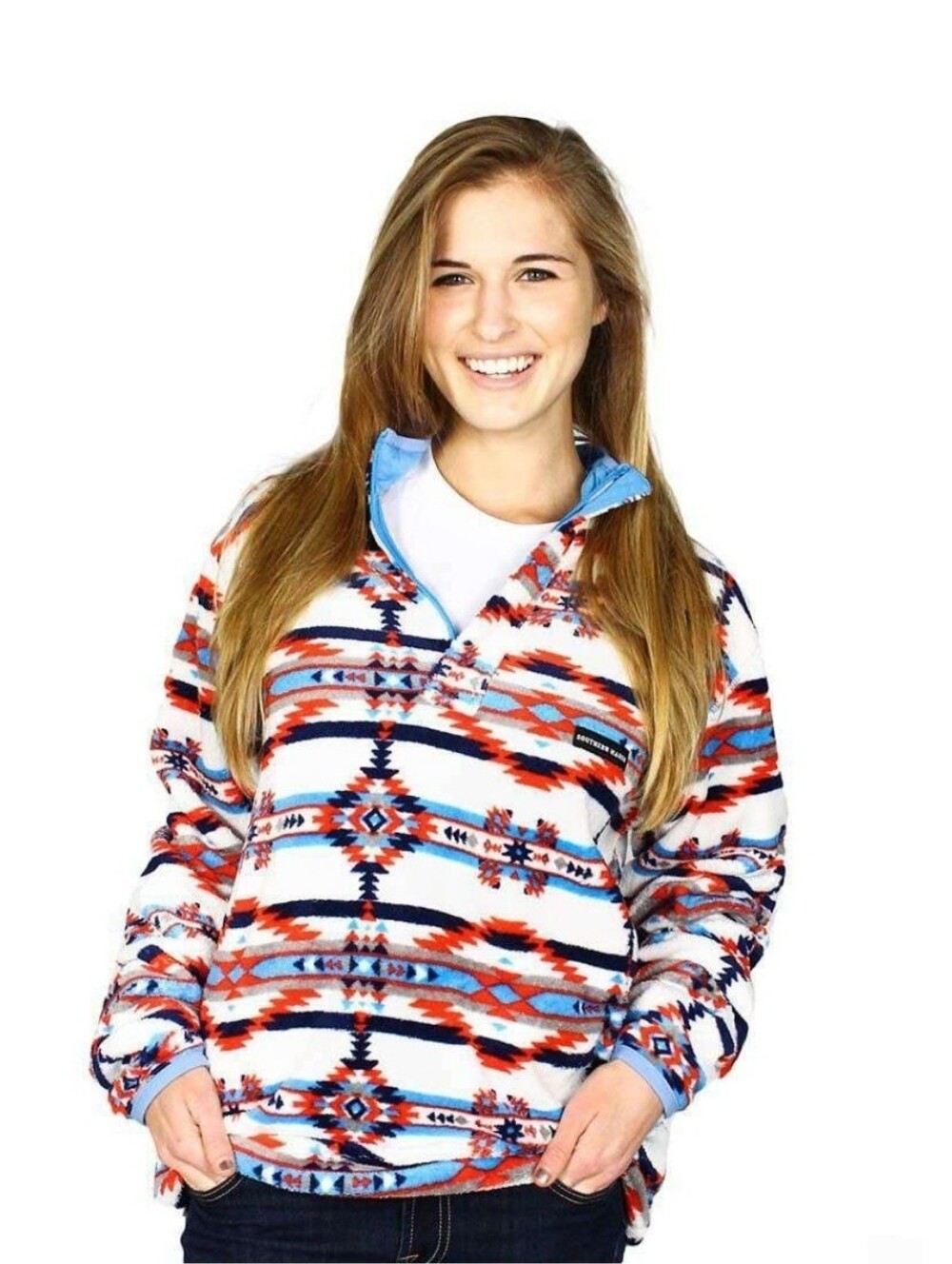 Southern Marsh Harbuck Fleece 1/4 Snap Navy Red White Pullover Sweatshirt M